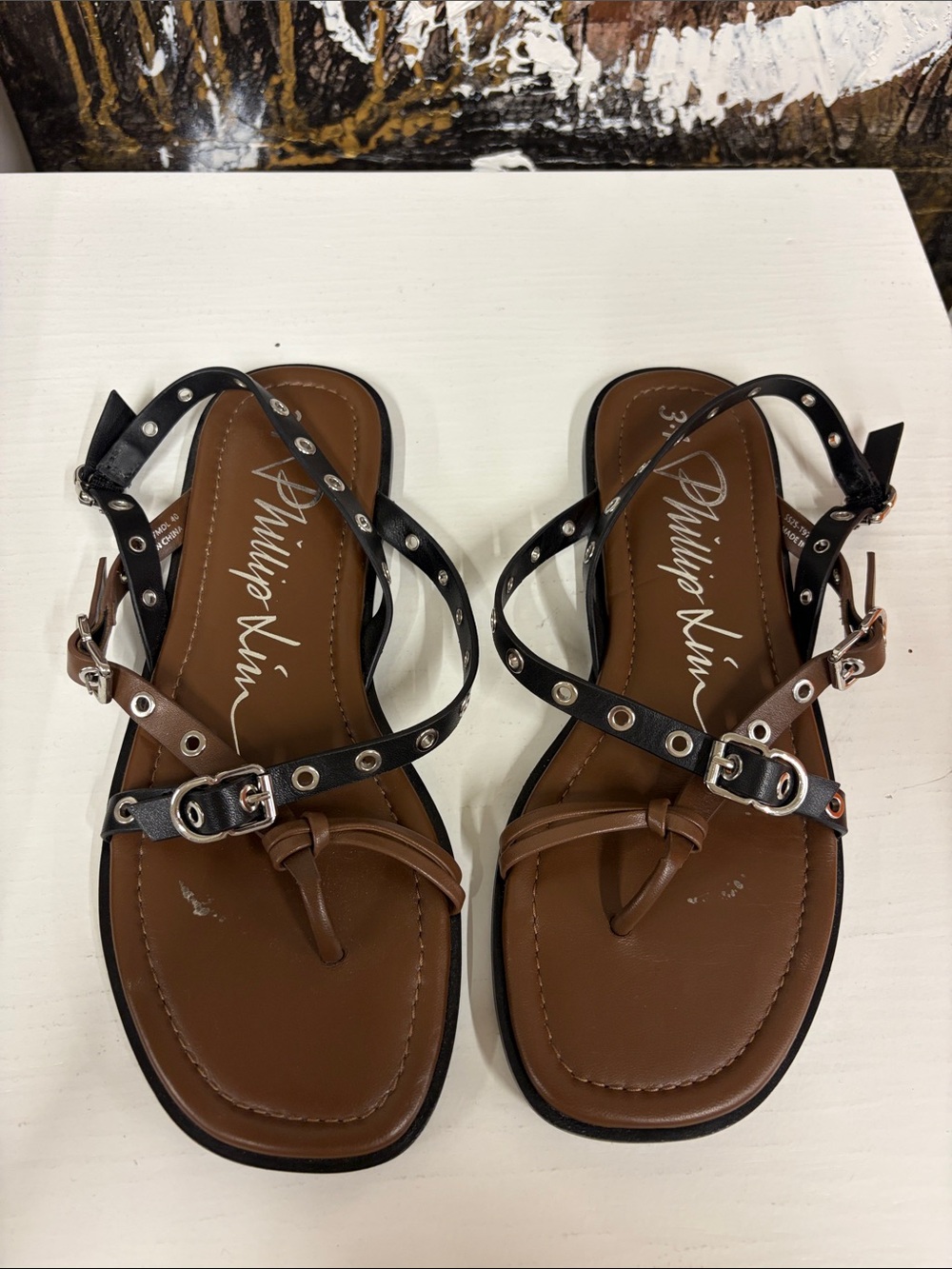 Phillip Lim Brown Studded Leather Strappy Toe-Loop Sandals
